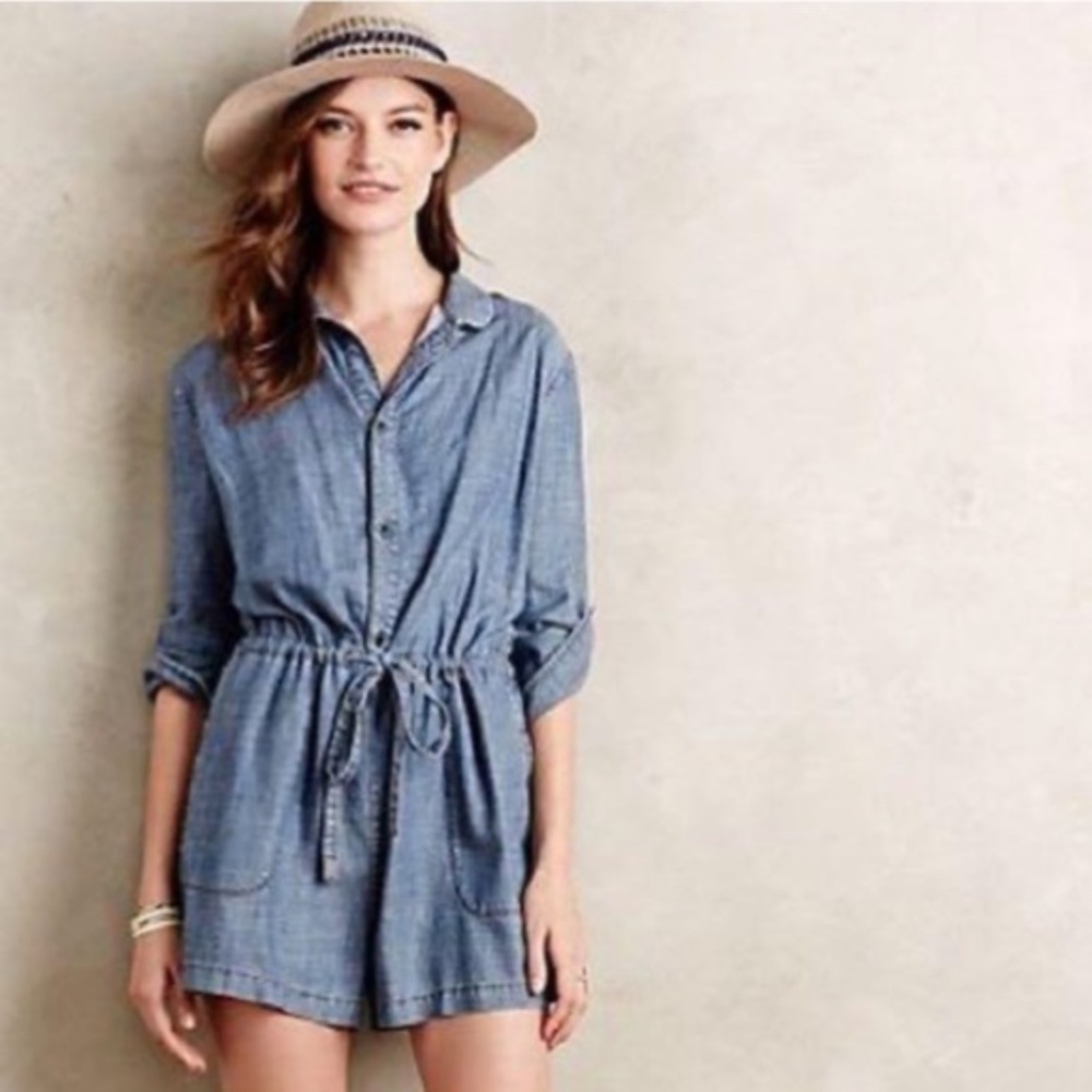 Anthropologie Level 99 Chambray Denim Linen Blend Romper Large